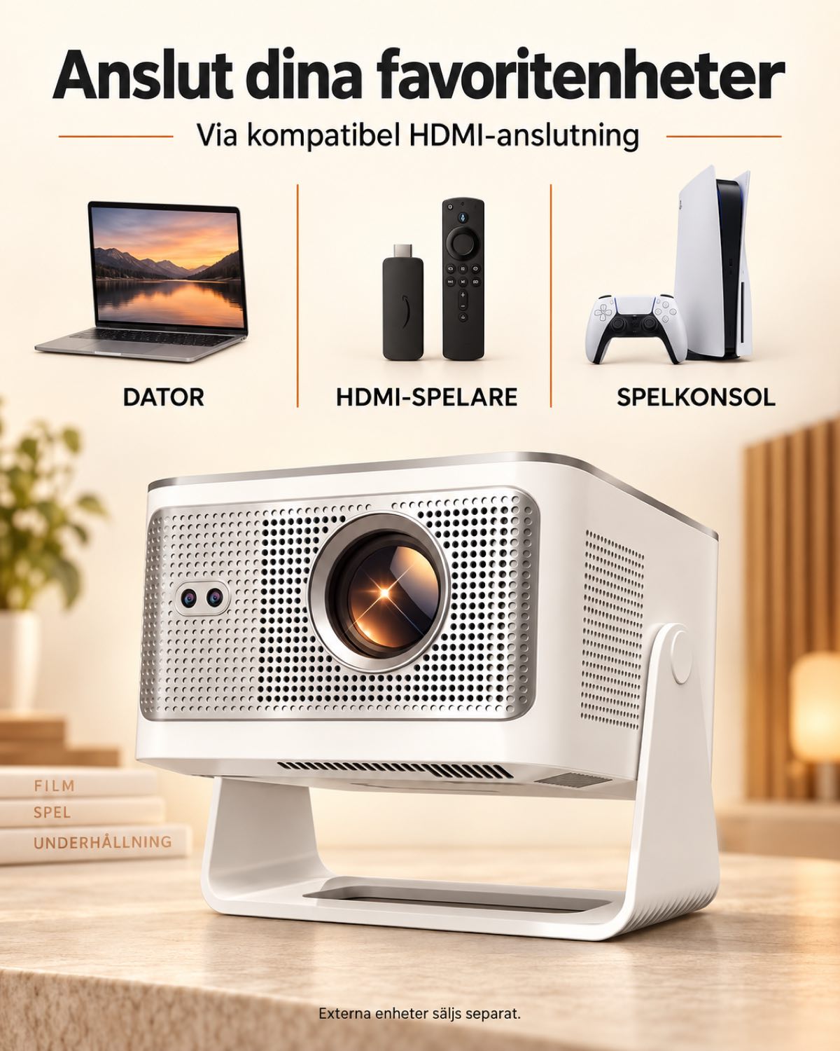 Projektor Projektorland Horizon Max – 600 ANSI-lumen, Full HD 1080p, autofokus, Android 14, Wi-Fi 6 och Bluetooth 5.4
